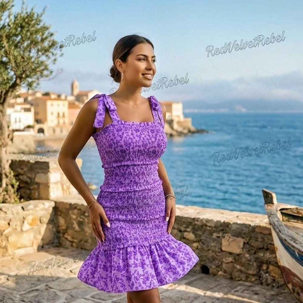NWT Purple Floral Print Tie Shoulder Ruffle Shirred Bodycon Mini Dress Sz M